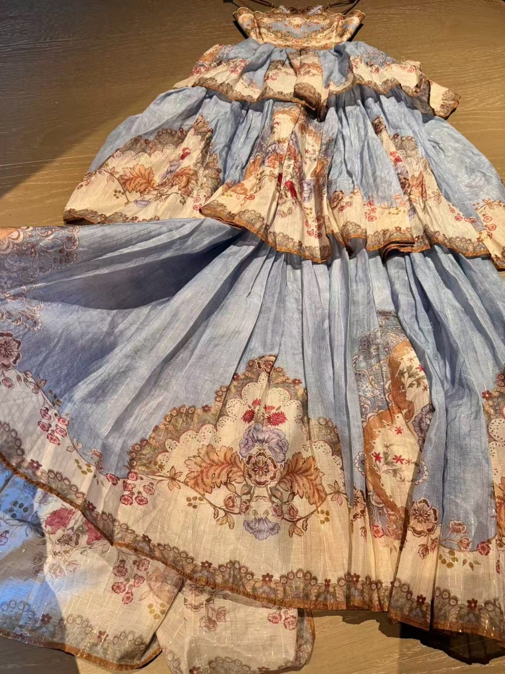 Zimmermann Blue and Cream Tiered Spaghetti-Strap Maxi Dress - Picture 4 of 11